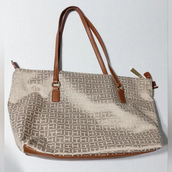 Tommy Hilfiger Large Brown Gold Monogram TH Tote Bag